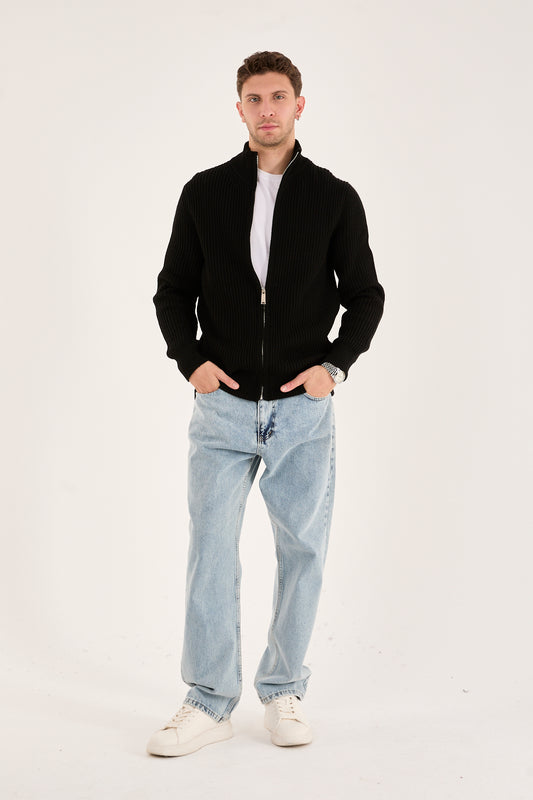 X-5003 Black Zip-Up Knit Cardigan for Men | Premium Ribbed Sweater