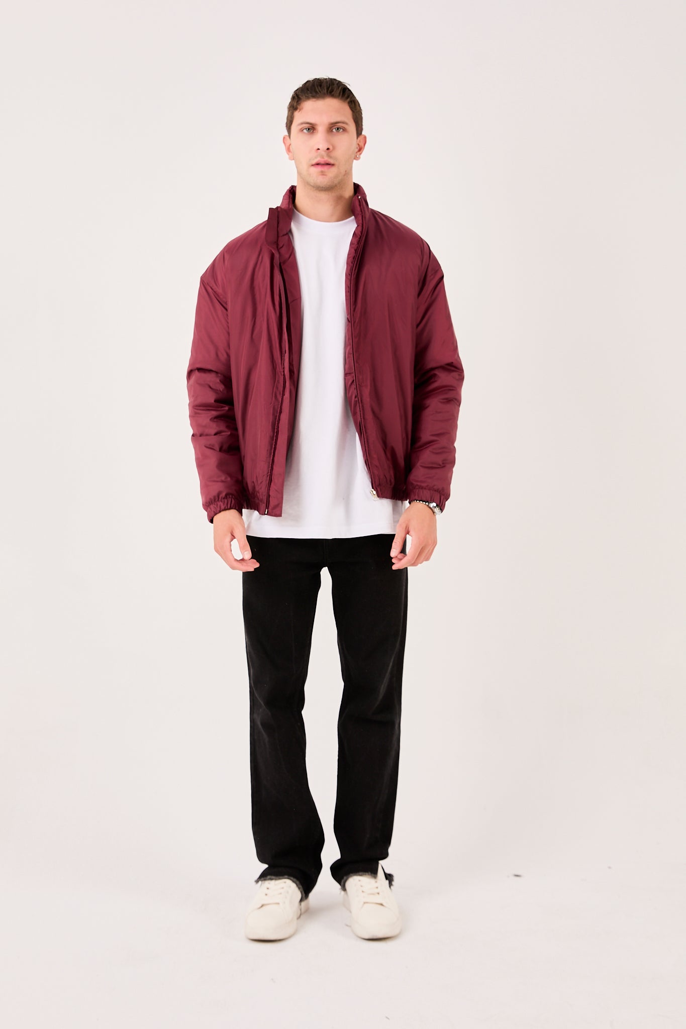 X-2009 Mens Lightweight Puffer Jacket Burgundy Zip Front Stand Collar Elastic Hem