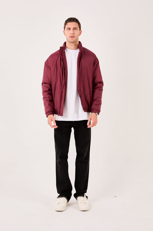 X-2009 Mens Lightweight Puffer Jacket Burgundy Zip Front Stand Collar Elastic Hem