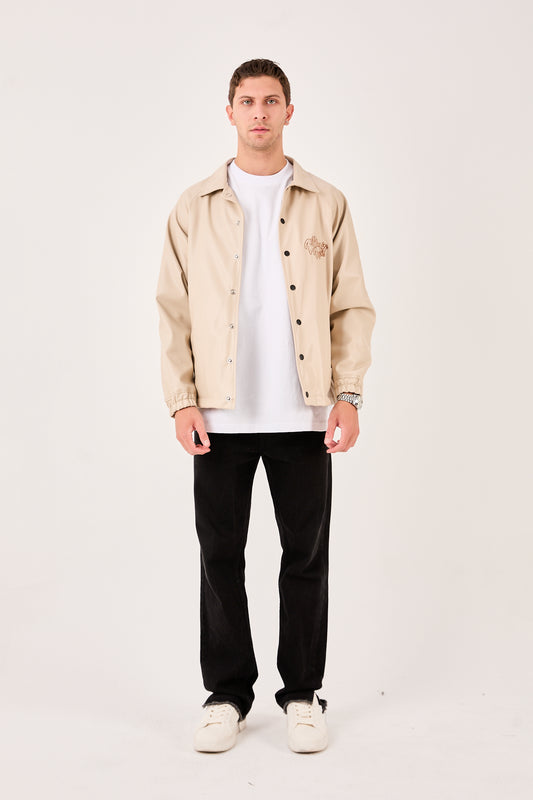 X-2013 Mens Coaches Jacket Beige Snap Button Embroidered Back and Chest Elastic Cuffs