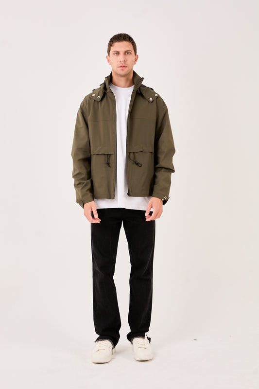 X-2010 Mens Hooded Windbreaker Rain Jacket Olive Zip Front Adjustable Hem