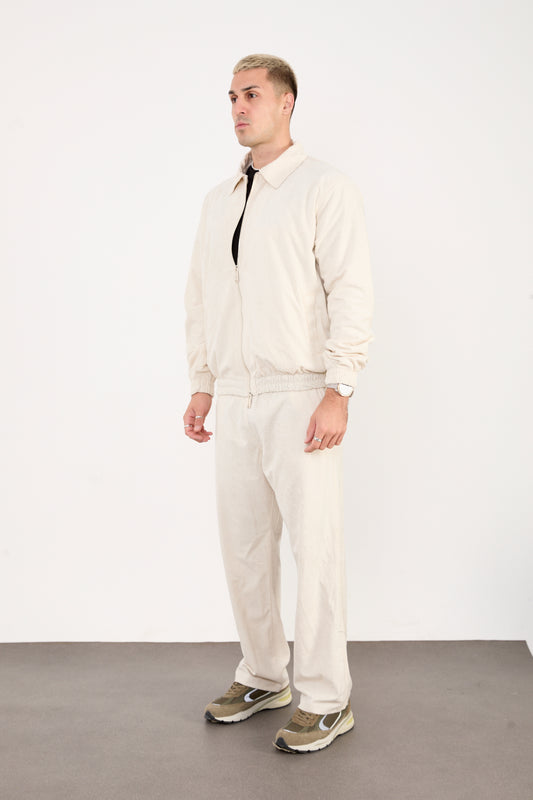 X-2037 Men’s Velour Zip Jacket & Matching Trousers Set – Cream