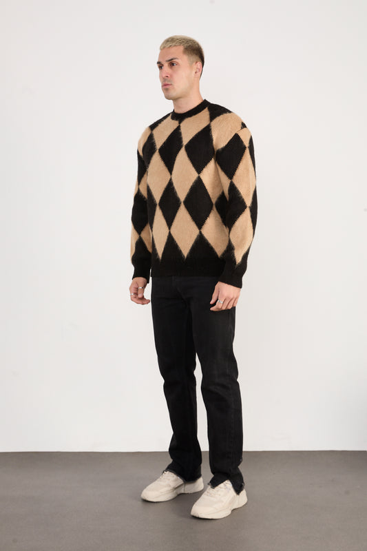 X-5008 Men’s Argyle Knit Sweater – Beige & Black