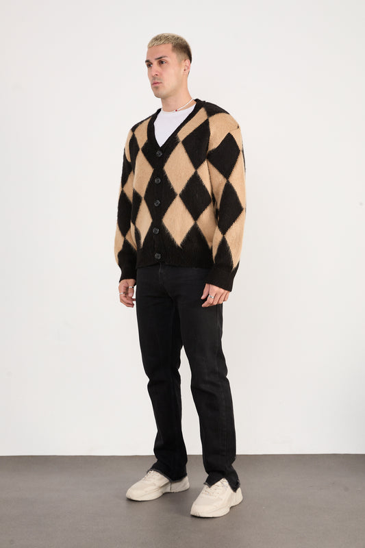 X-5007 Men’s Argyle Knit Cardigan – Beige & Black