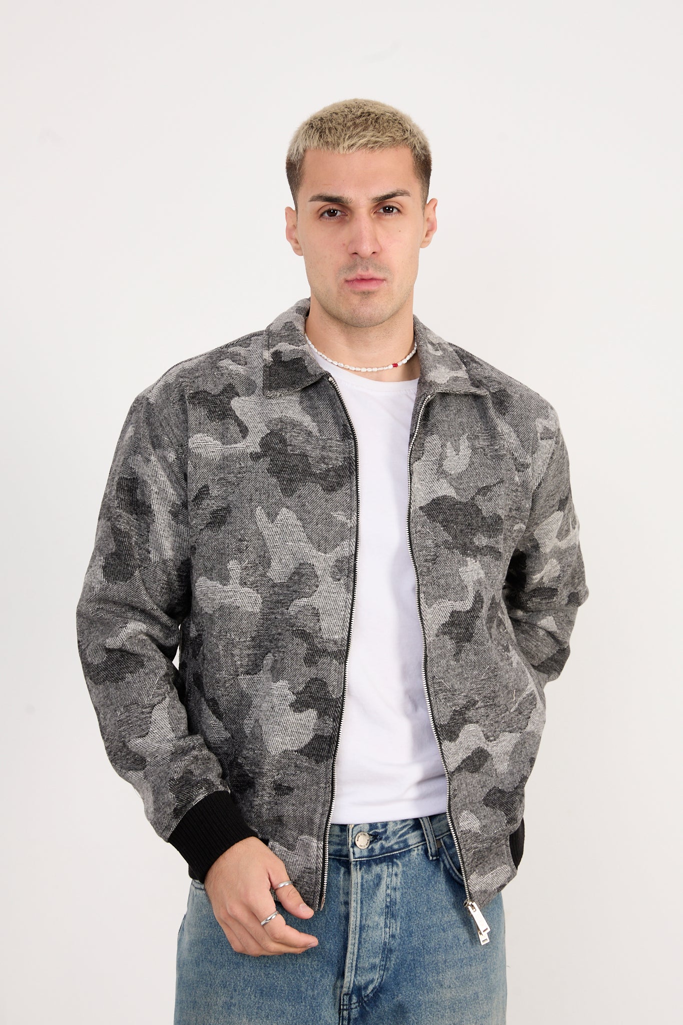 X-2038 Men’s Knit Camo Bomber Jacket – Grey Camo