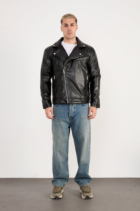 X-2028 Men’s Vegan Leather Biker Jacket – Black