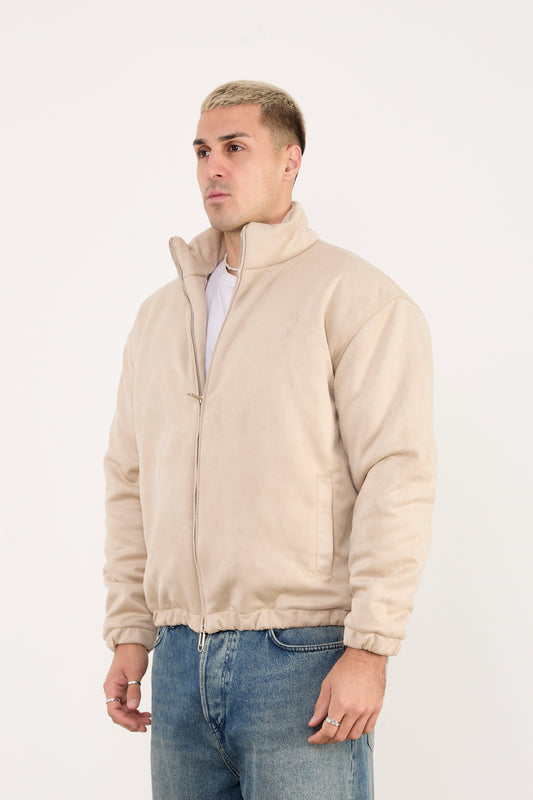 X-2035 Men’s Vegan Leather Zip Jacket with Soft Lining – Beige
