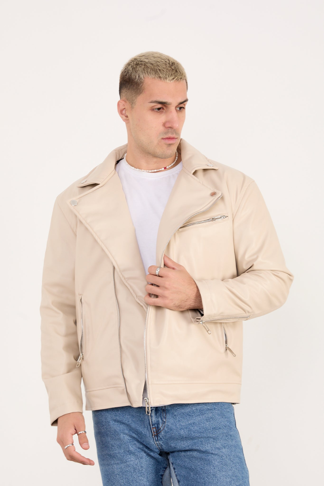 X-2028 Men’s Vegan Leather Biker Jacket – Beige