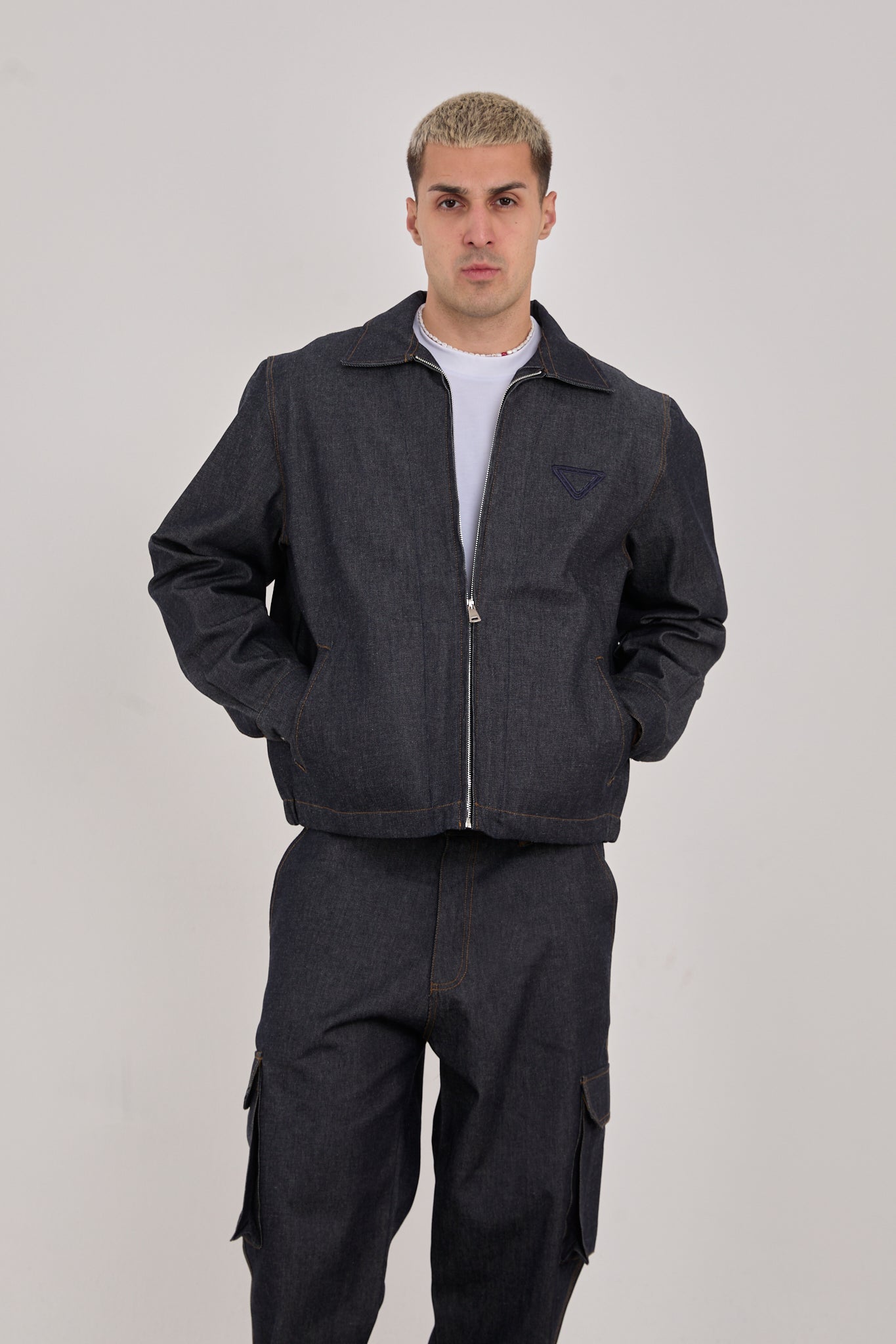 Men’s Dark Blue Embroidered Jacket – 100% Cotton, Streetwear Style-X-2044