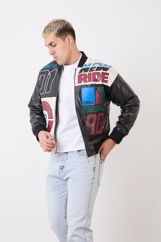 R-2477 Men’s Oversized Quilted Lined Vegan Leather Biker Jacket – Black