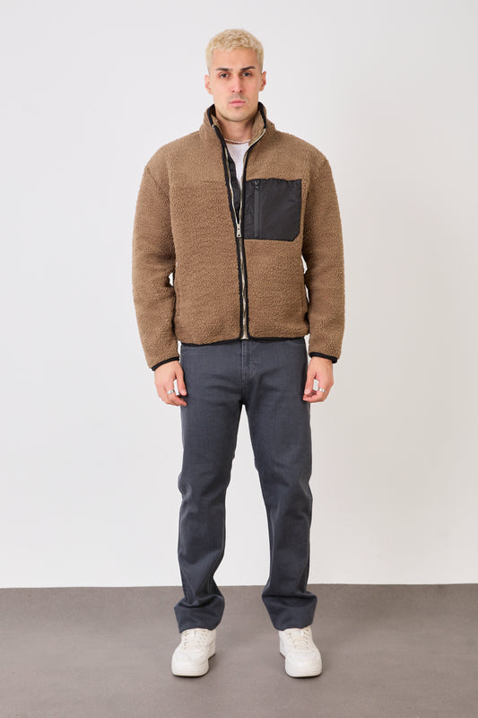 Men’s Camel Zip-Up High Neck Jacket – Contrast Pocket-X-2043