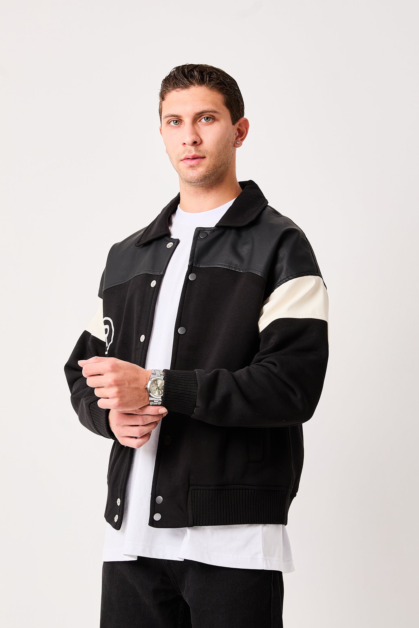 X-2005 Mens Varsity Bomber Jacket Black Snap Button Faux Leather Shoulder Panel Color Block Sleeve Ribbed Hem Fleece Lined