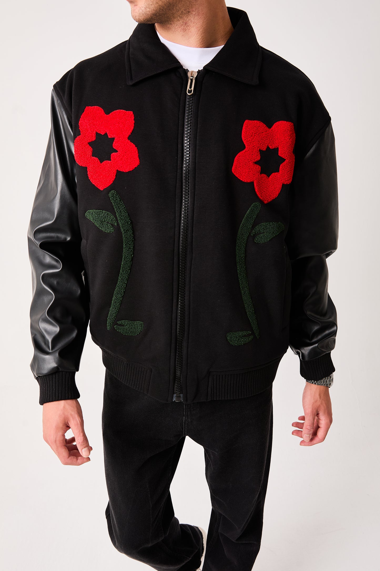 Men’s Varsity Bomber Jacket Black Zip Front Flower Appliqué Faux Leather Sleeves Ribbed Hem