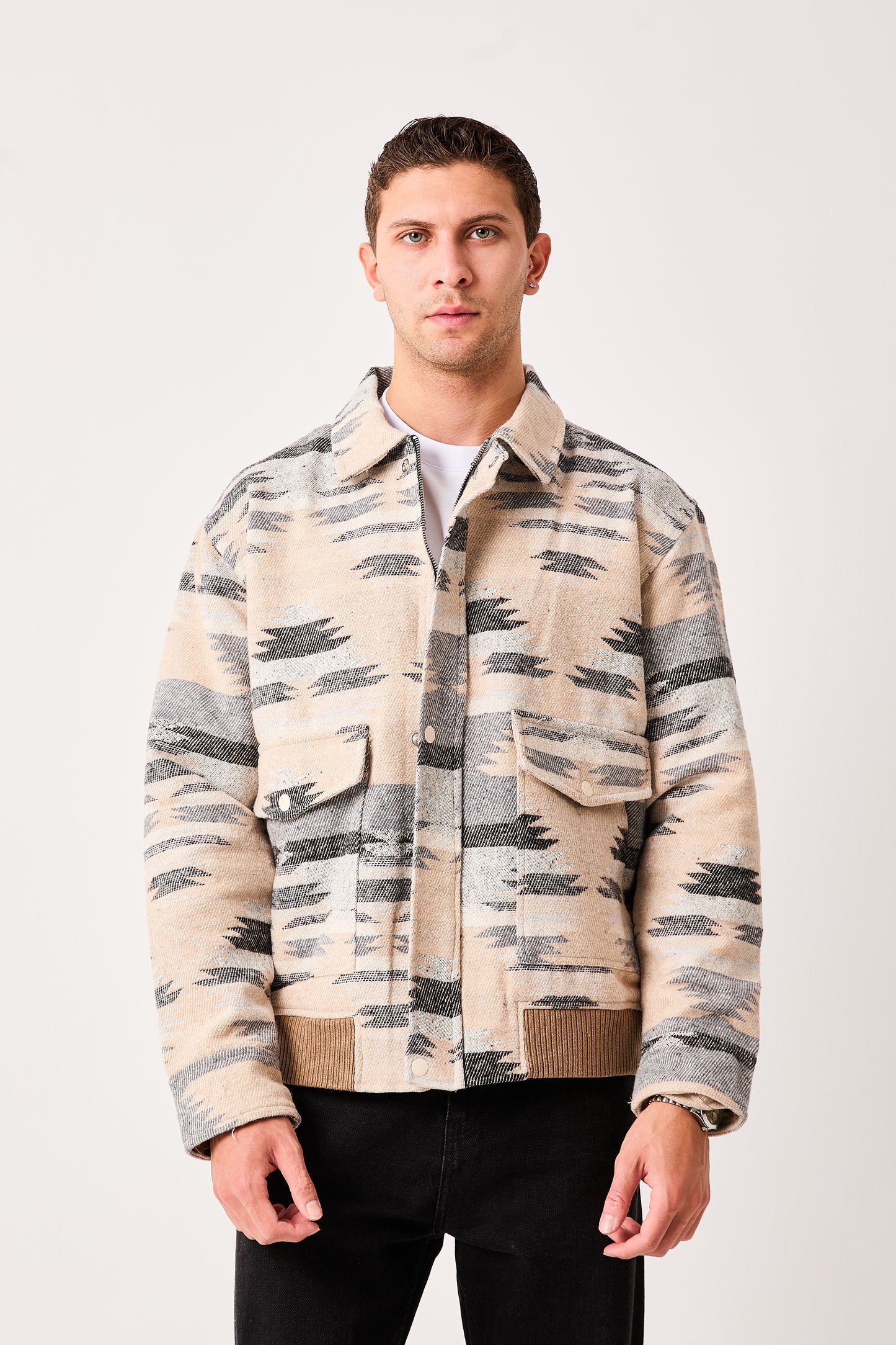 X-2007  Mens Patterned Bomber Jacket Beige Grey Zip Front Ribbed Hem