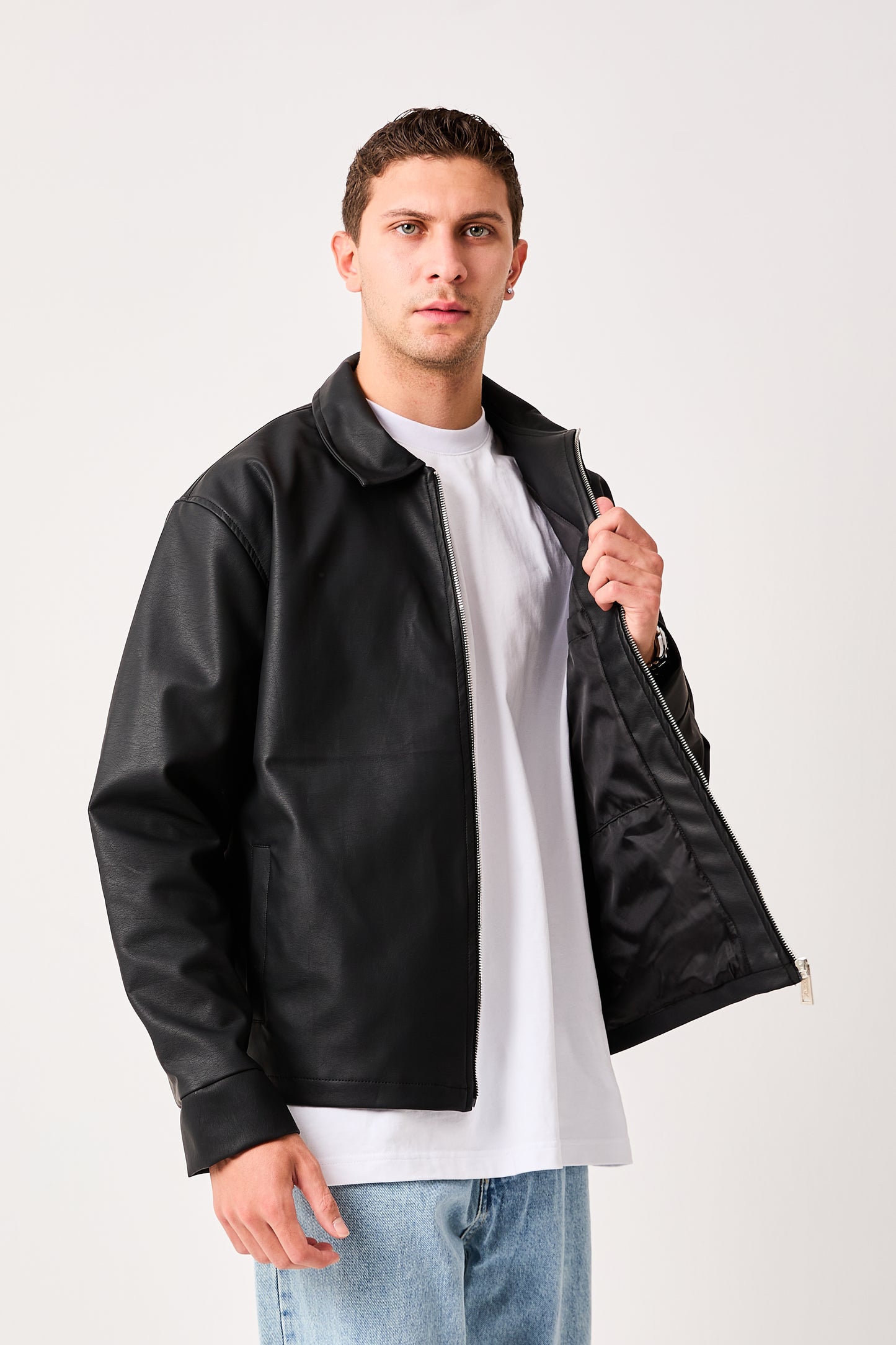 X-2011 Mens Shirt Collar Jacket Black Zip Front Minimal Design Regular Fit