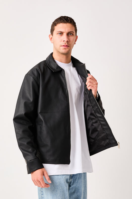 X-2011 Mens Shirt Collar Jacket Black Zip Front Minimal Design Regular Fit