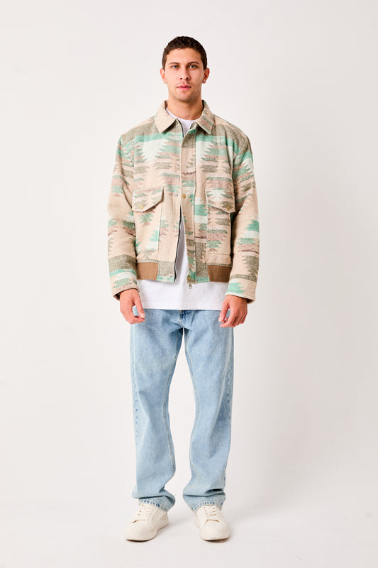 Mens Patterned Bomber Jacket Beige Green Zip Front Ribbed Hem