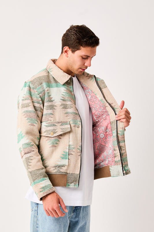 Mens Patterned Bomber Jacket Beige Green Zip Front Ribbed Hem