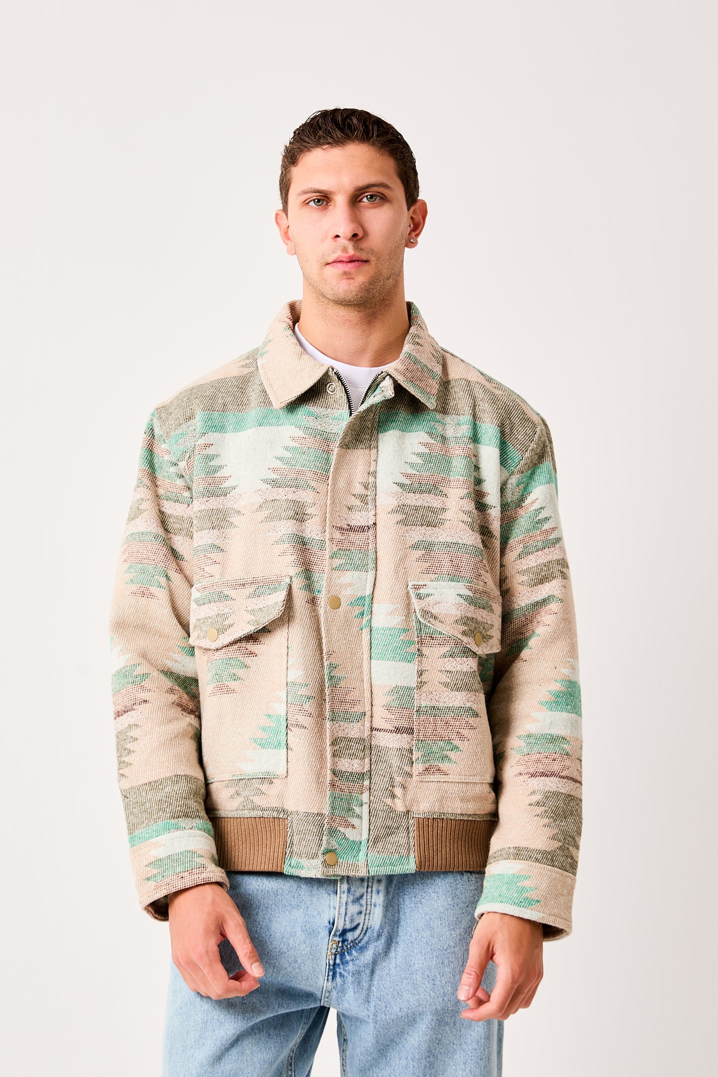 Mens Patterned Bomber Jacket Beige Green Zip Front Ribbed Hem