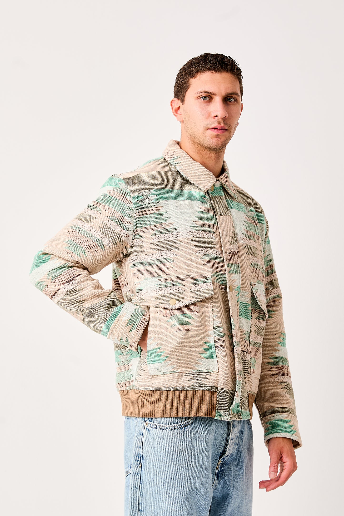 Mens Patterned Bomber Jacket Beige Green Zip Front Ribbed Hem