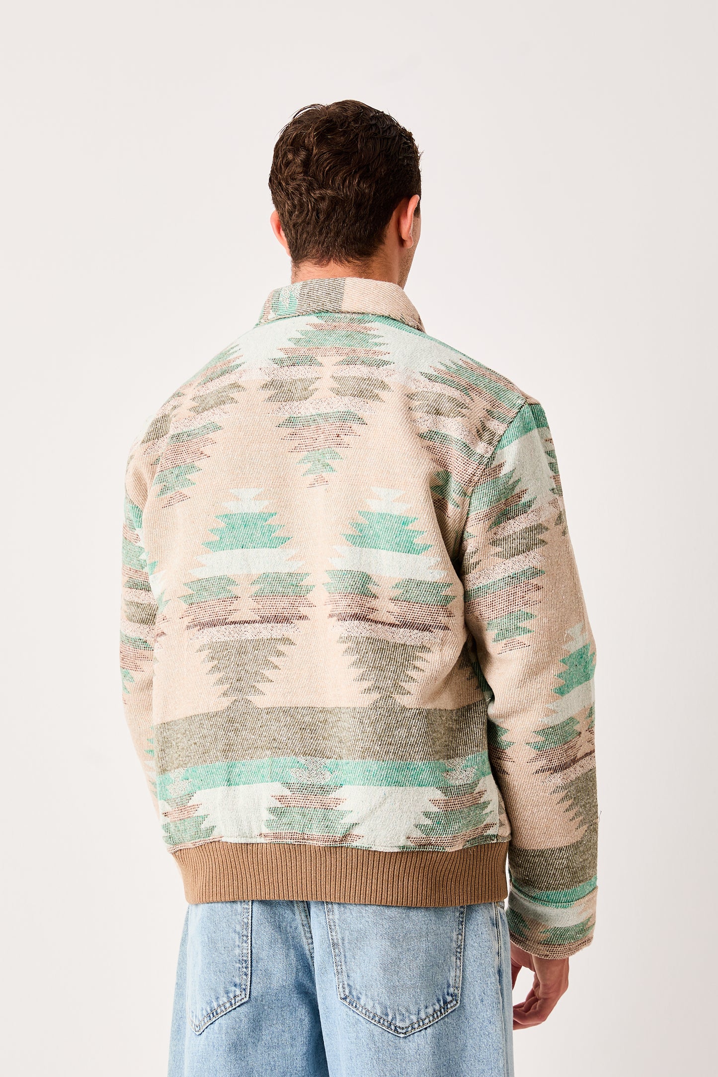 Mens Patterned Bomber Jacket Beige Green Zip Front Ribbed Hem