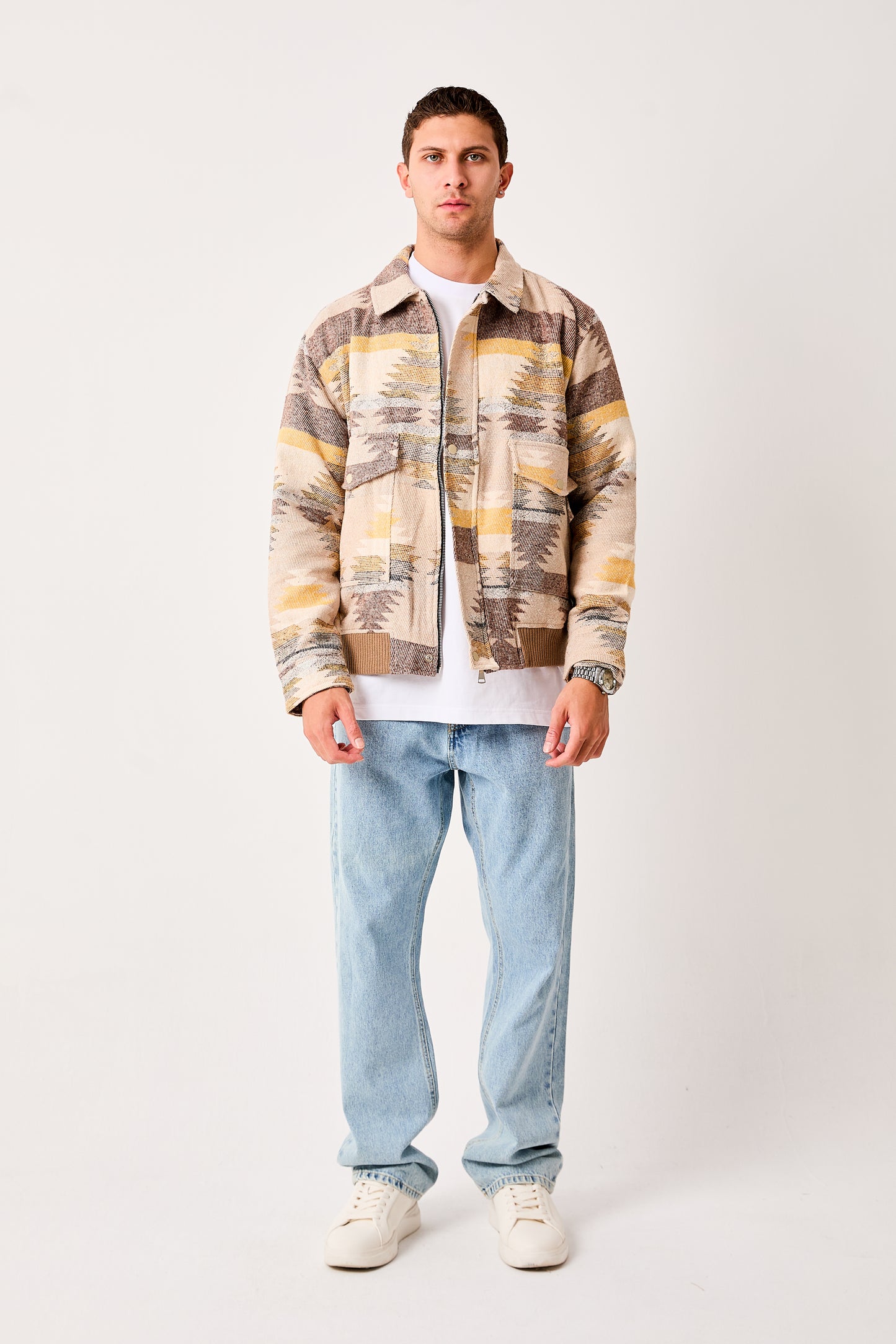 X-2007 Mens Patterned Bomber Jacket Beige Green Zip Front Ribbed Hem