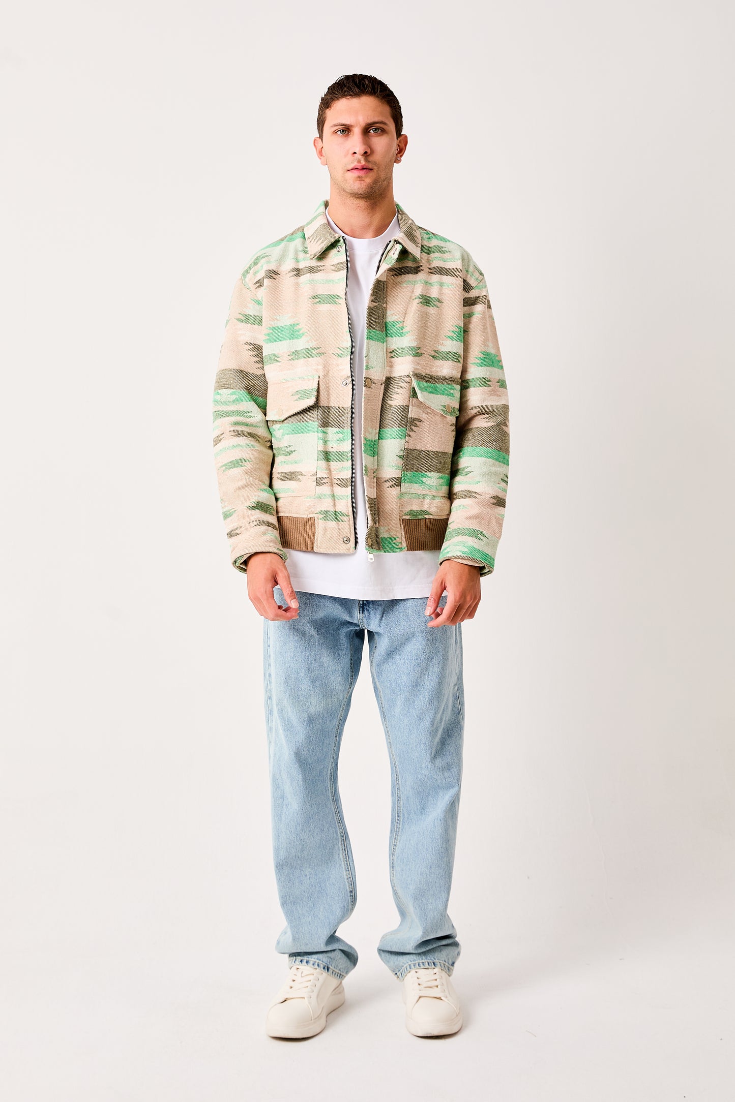 X-2007 Mens Patterned Bomber Jacket Beige Green Zip Front Ribbed Hem