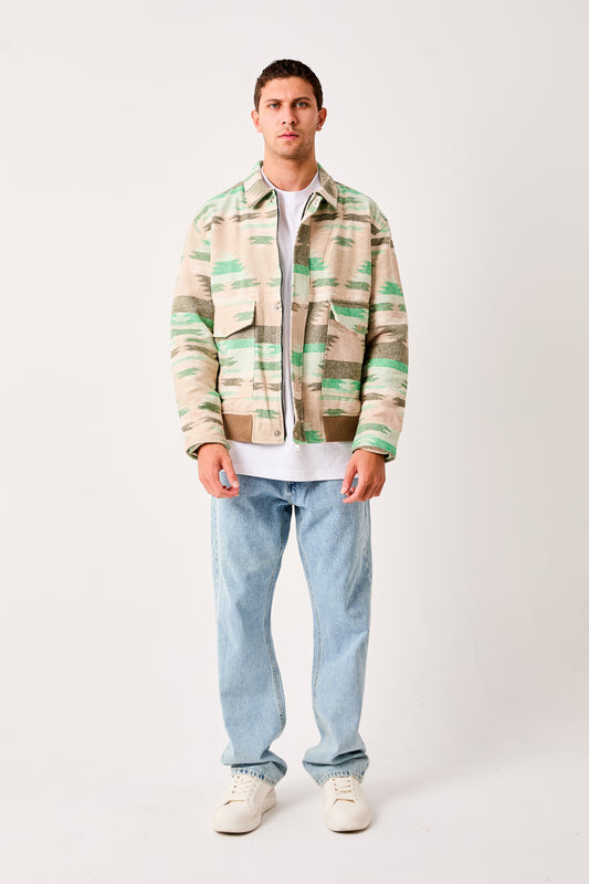 X-2007 Mens Patterned Bomber Jacket Beige Green Zip Front Ribbed Hem