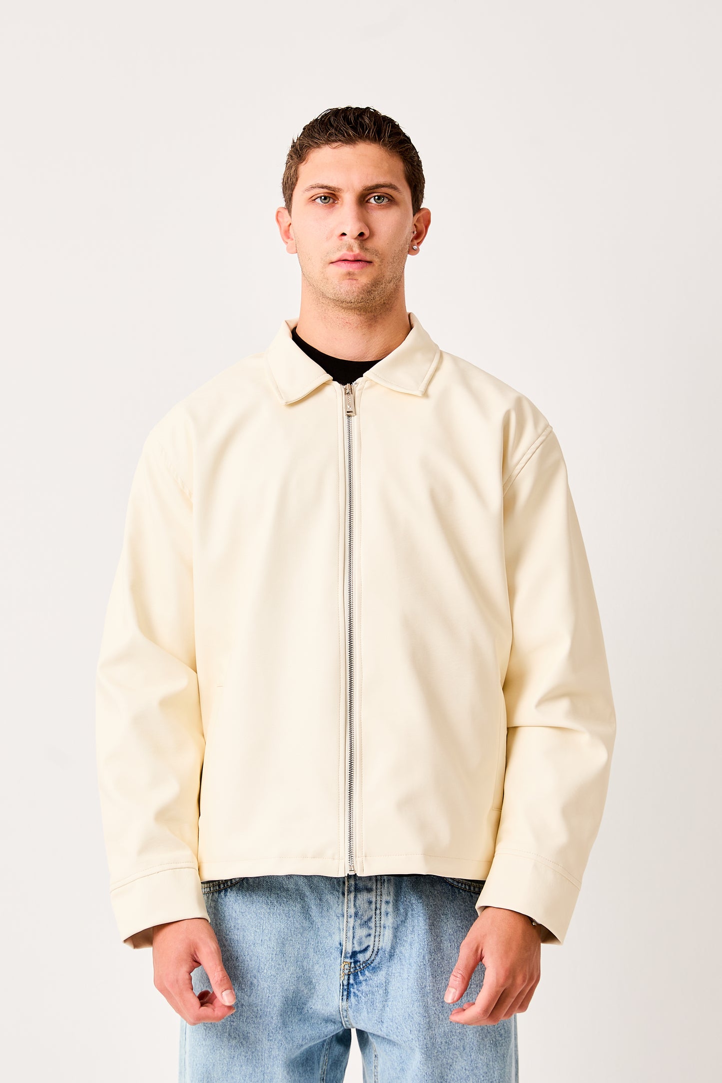 X-2011 Mens Shirt Collar Jacket White Zip Front Minimal Design Regular Fit