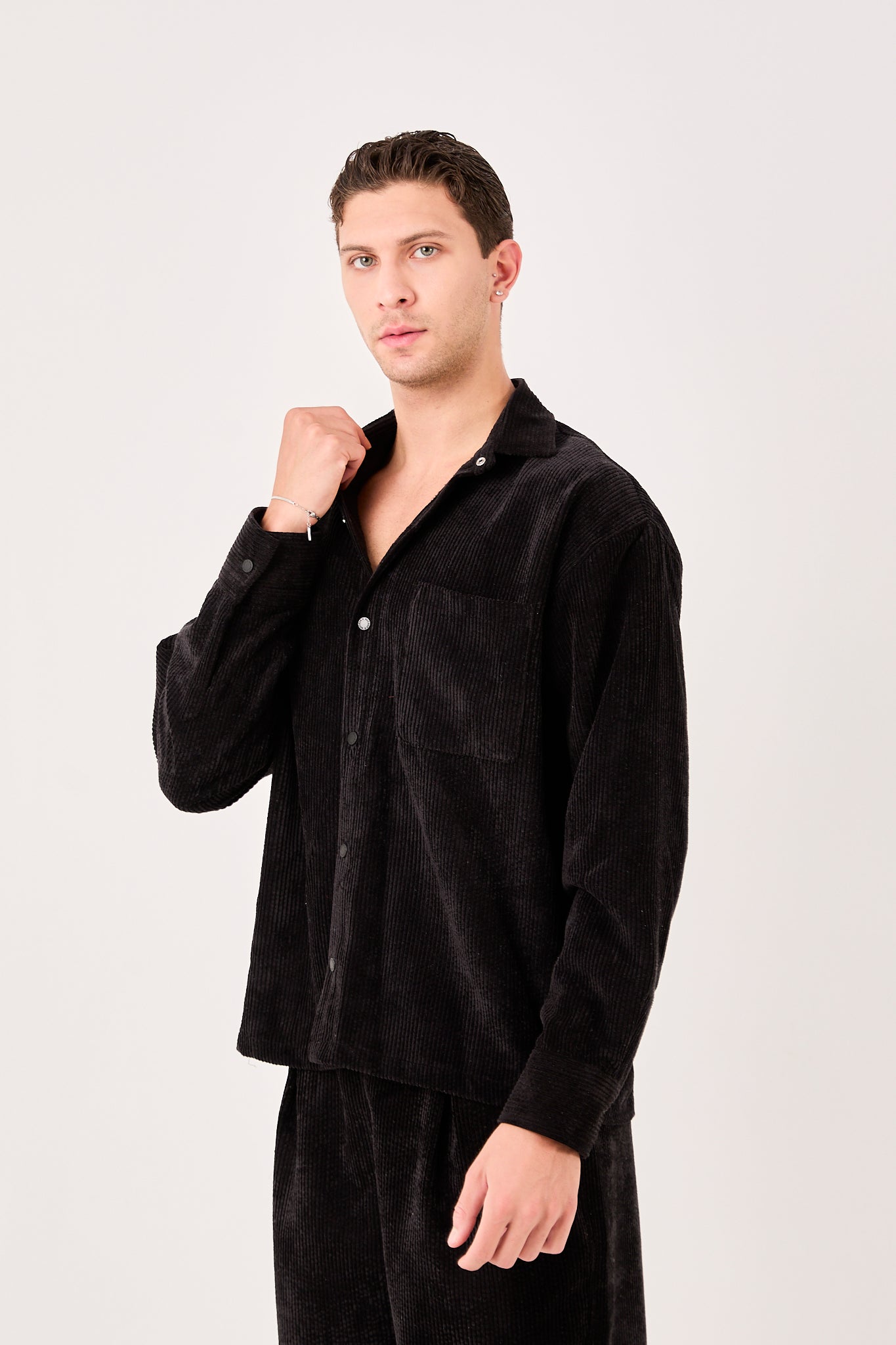 X-002 Men’s Black Cord Velvet Shirt – Relaxed Fit, Button-Up, Single Chest Pocket