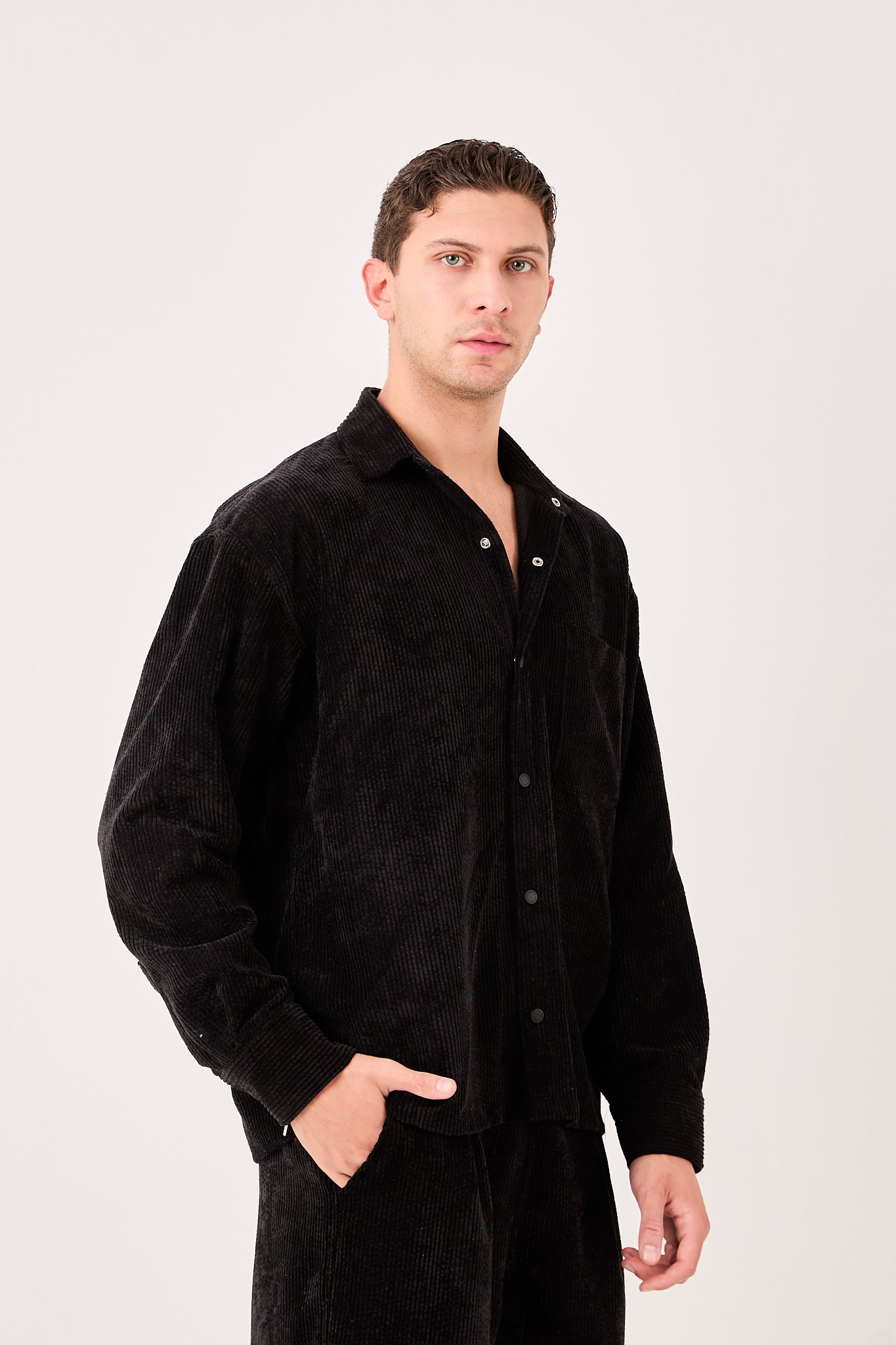 X-002 Men’s Black Cord Velvet Shirt – Relaxed Fit, Button-Up, Single Chest Pocket