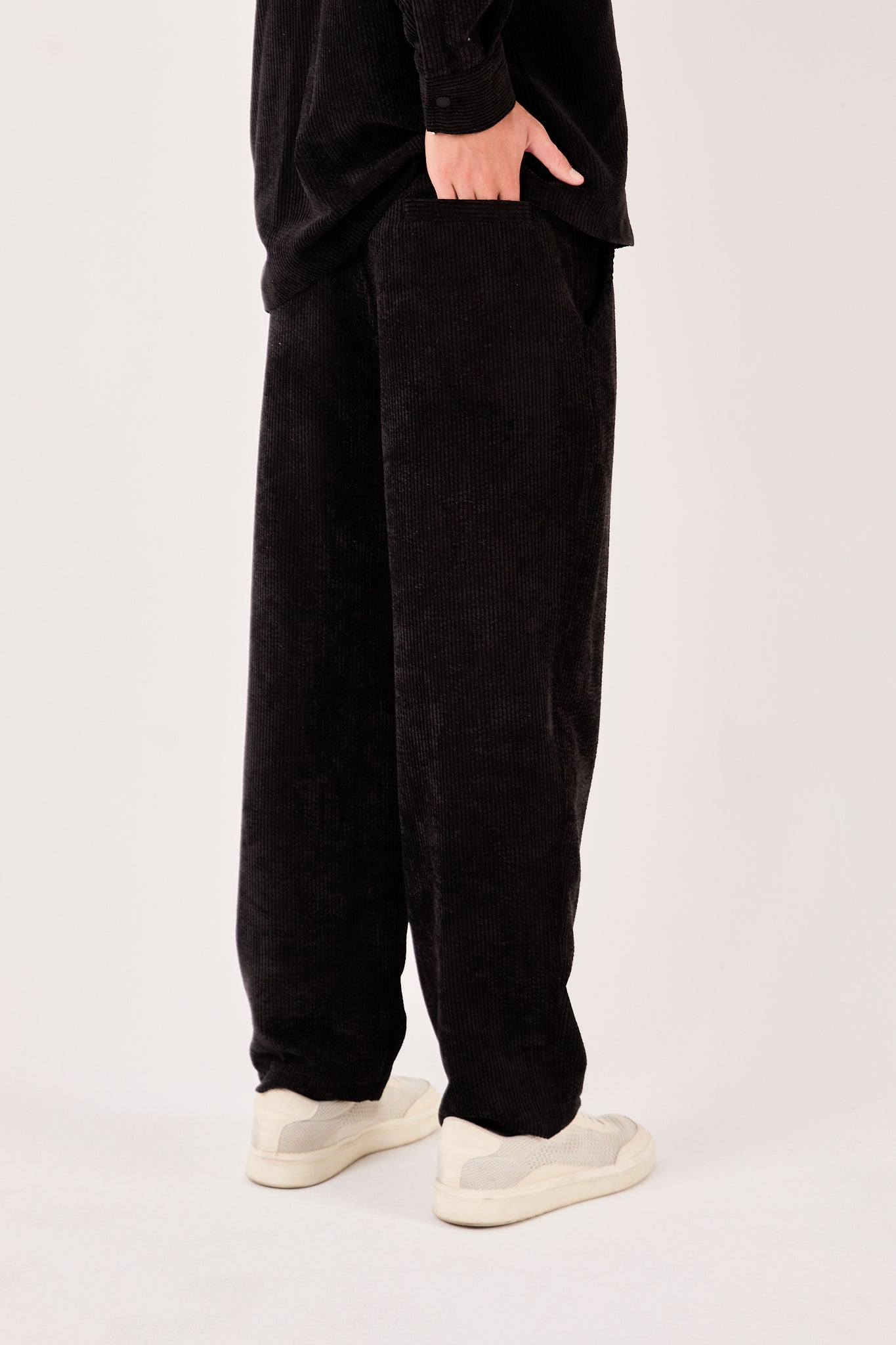 X-1004 Mens Corduroy Pants Black Elastic Waist Drawstring Relaxed Fit