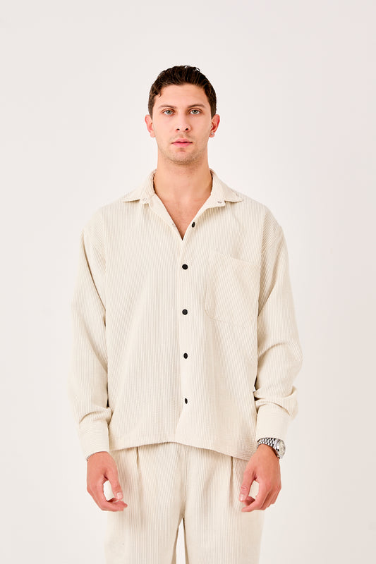 X-0002 Men’s Cream Cord Velvet Shirt – Relaxed Fit, Button-Up, Single Chest Pocket