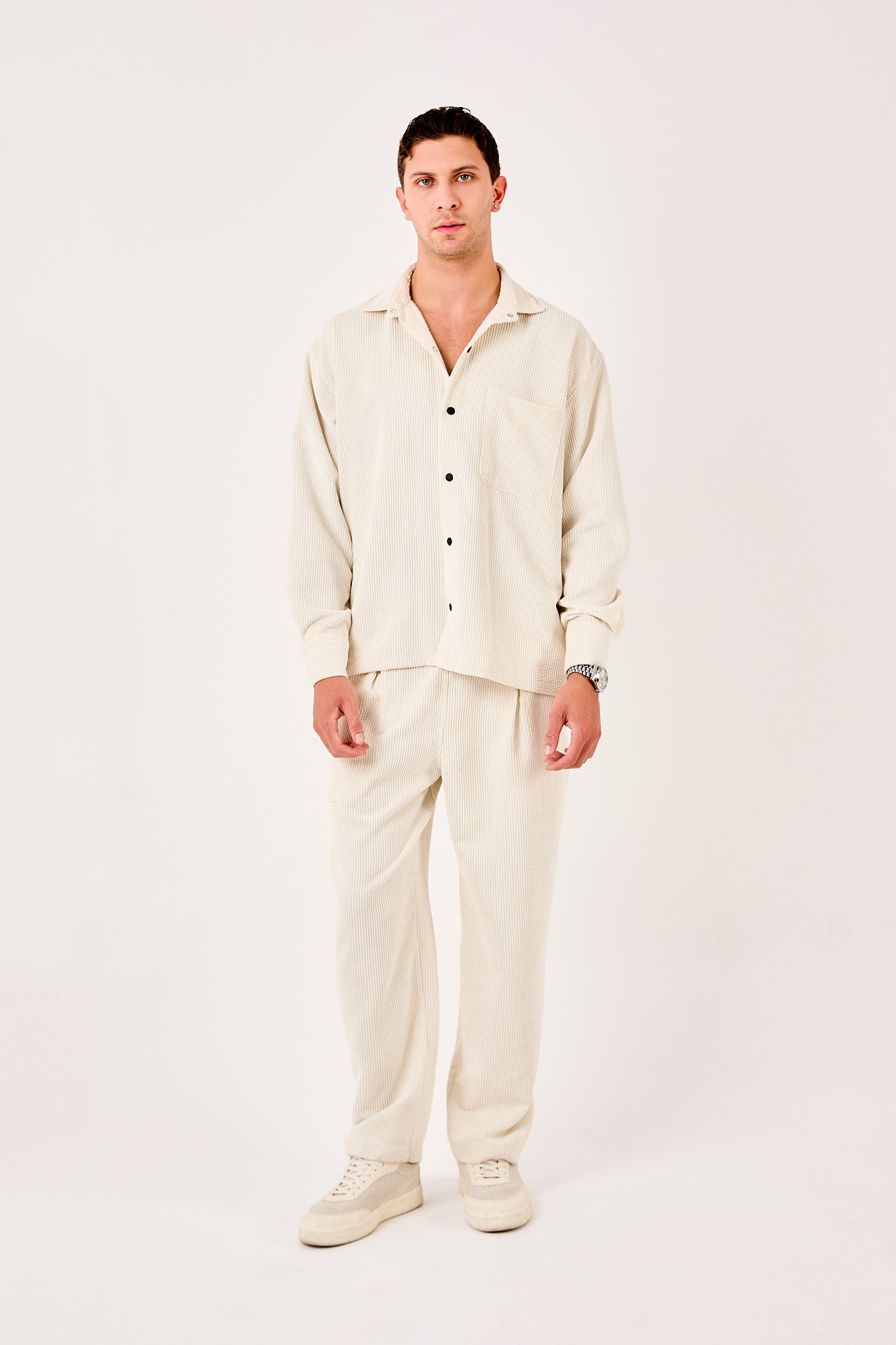 X-0002 Men’s Cream Cord Velvet Shirt – Relaxed Fit, Button-Up, Single Chest Pocket