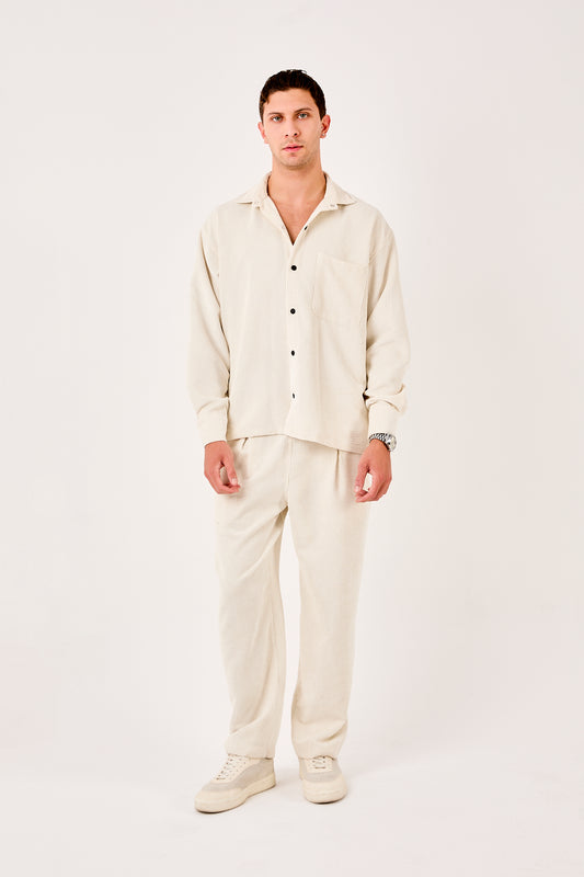 X-0002 Men’s Cream Cord Velvet Shirt – Relaxed Fit, Button-Up, Single Chest Pocket