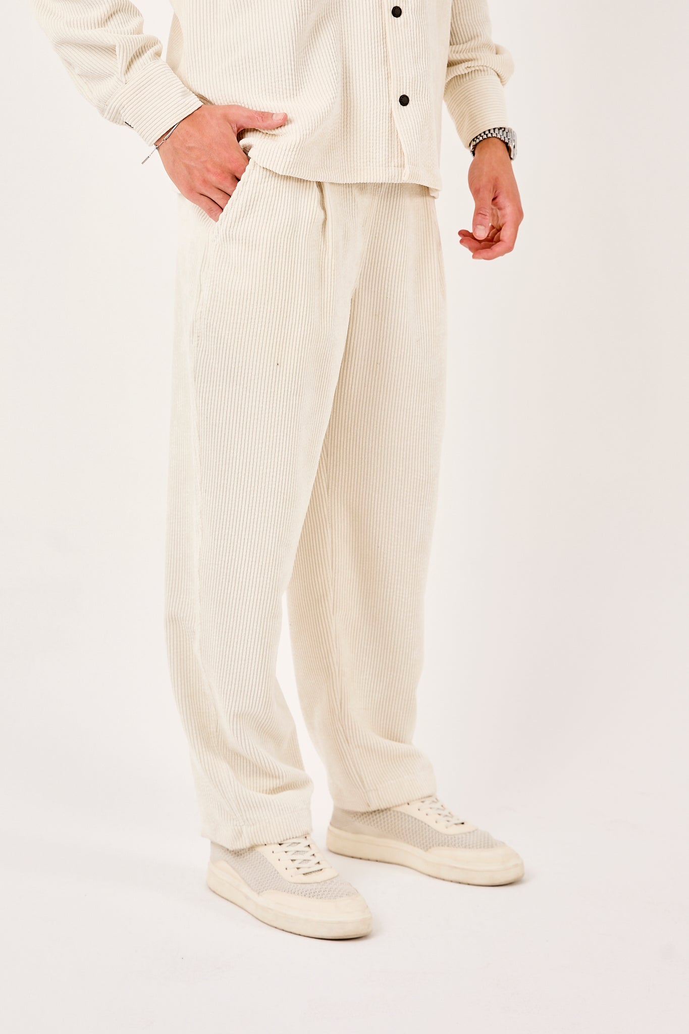 X-1004 Men’s Corduroy Pants – White | Elastic Drawstring Waist, Relaxed Straight Fit