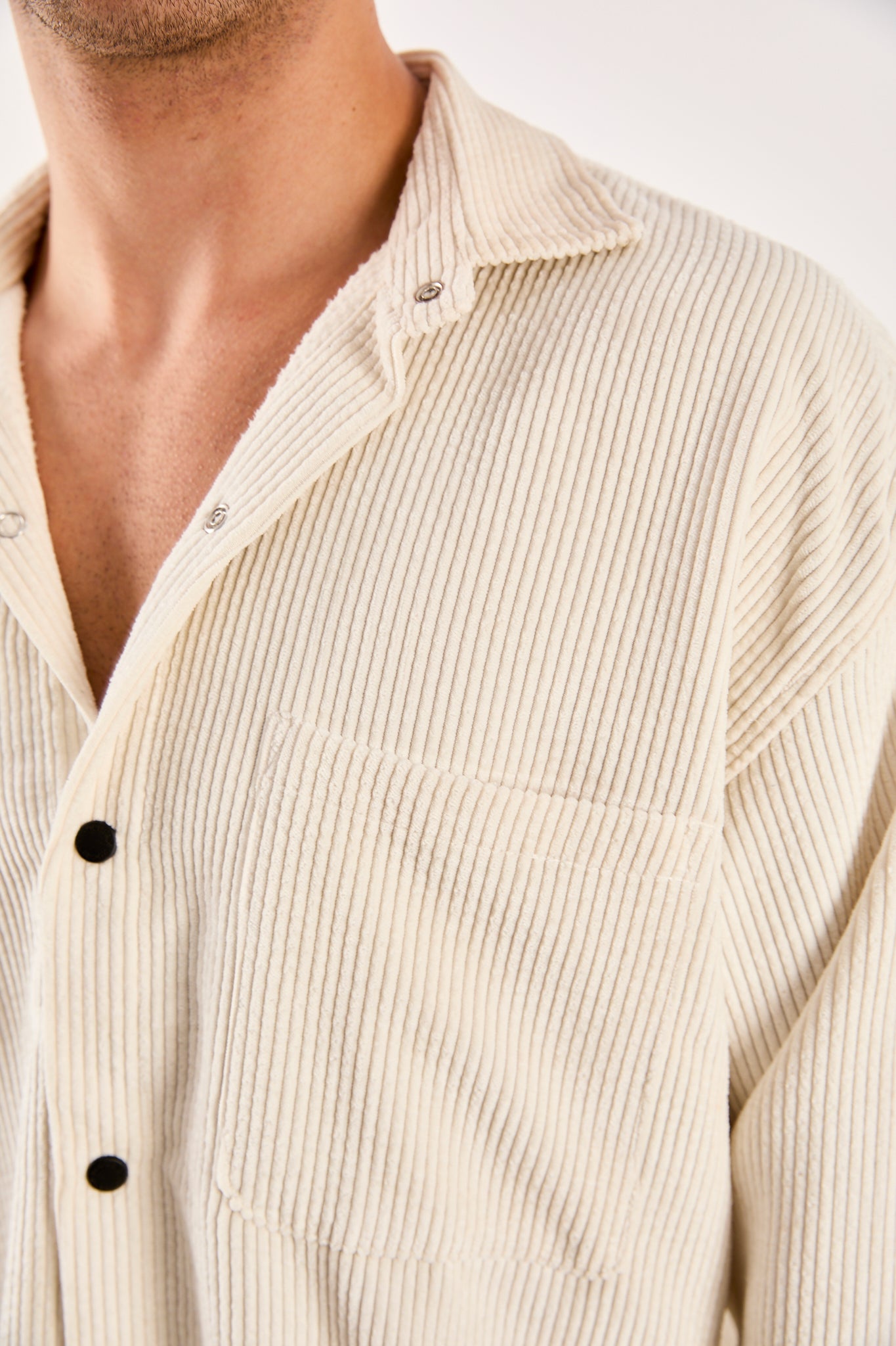 X-0002 Men’s Cream Cord Velvet Shirt – Relaxed Fit, Button-Up, Single Chest Pocket