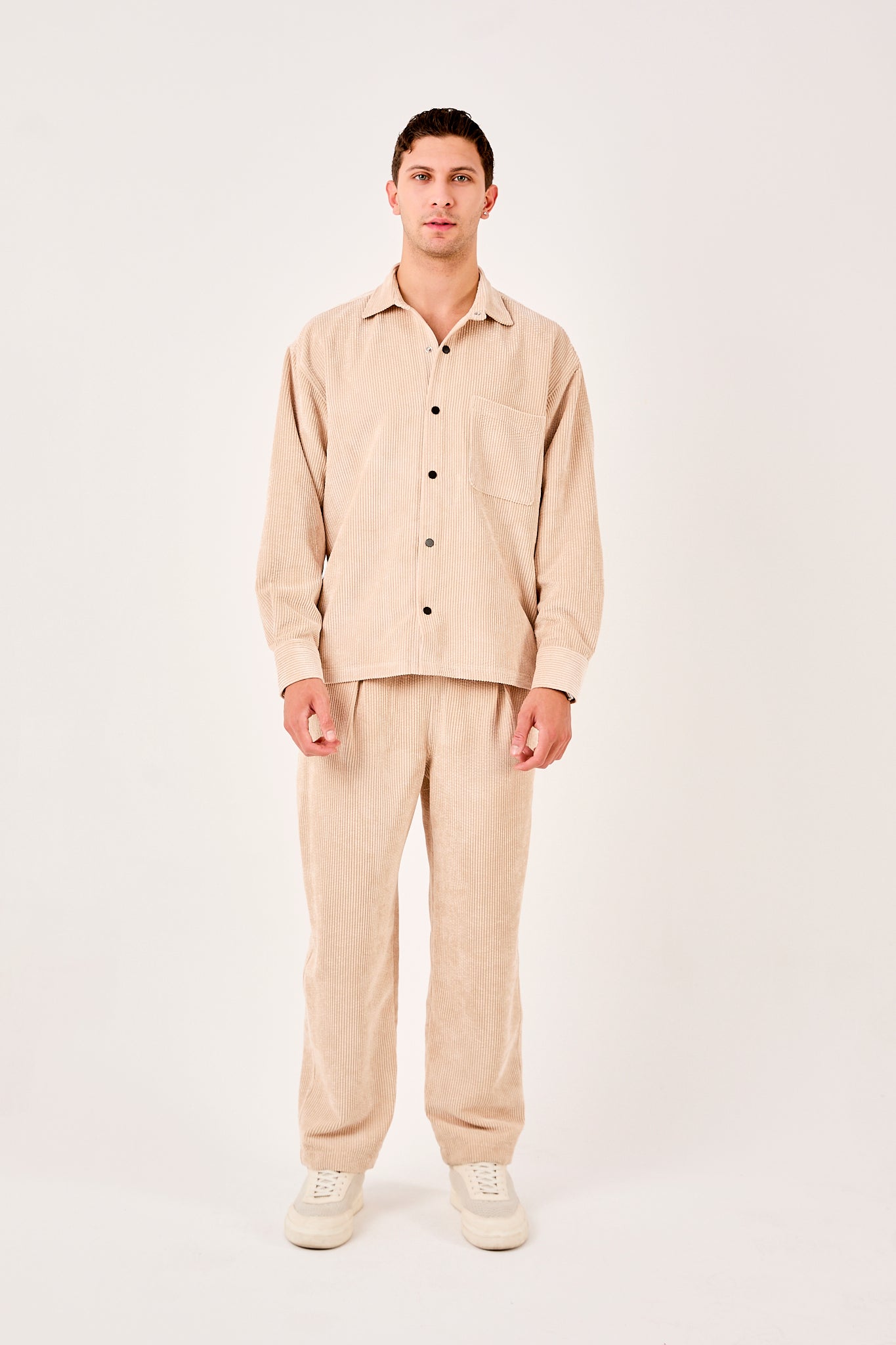 X-002 Men’s Beige Cord Velvet Shirt – Relaxed Fit, Button-Up, Single Chest Pocket