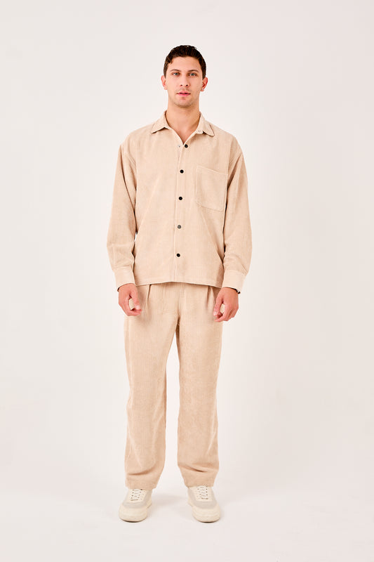 X-002 Men’s Beige Cord Velvet Shirt – Relaxed Fit, Button-Up, Single Chest Pocket