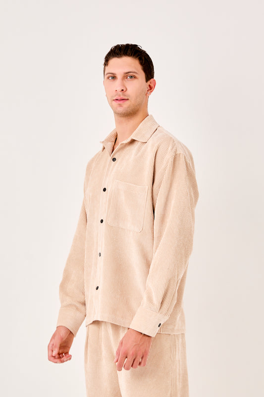 X-002 Men’s Beige Cord Velvet Shirt – Relaxed Fit, Button-Up, Single Chest Pocket
