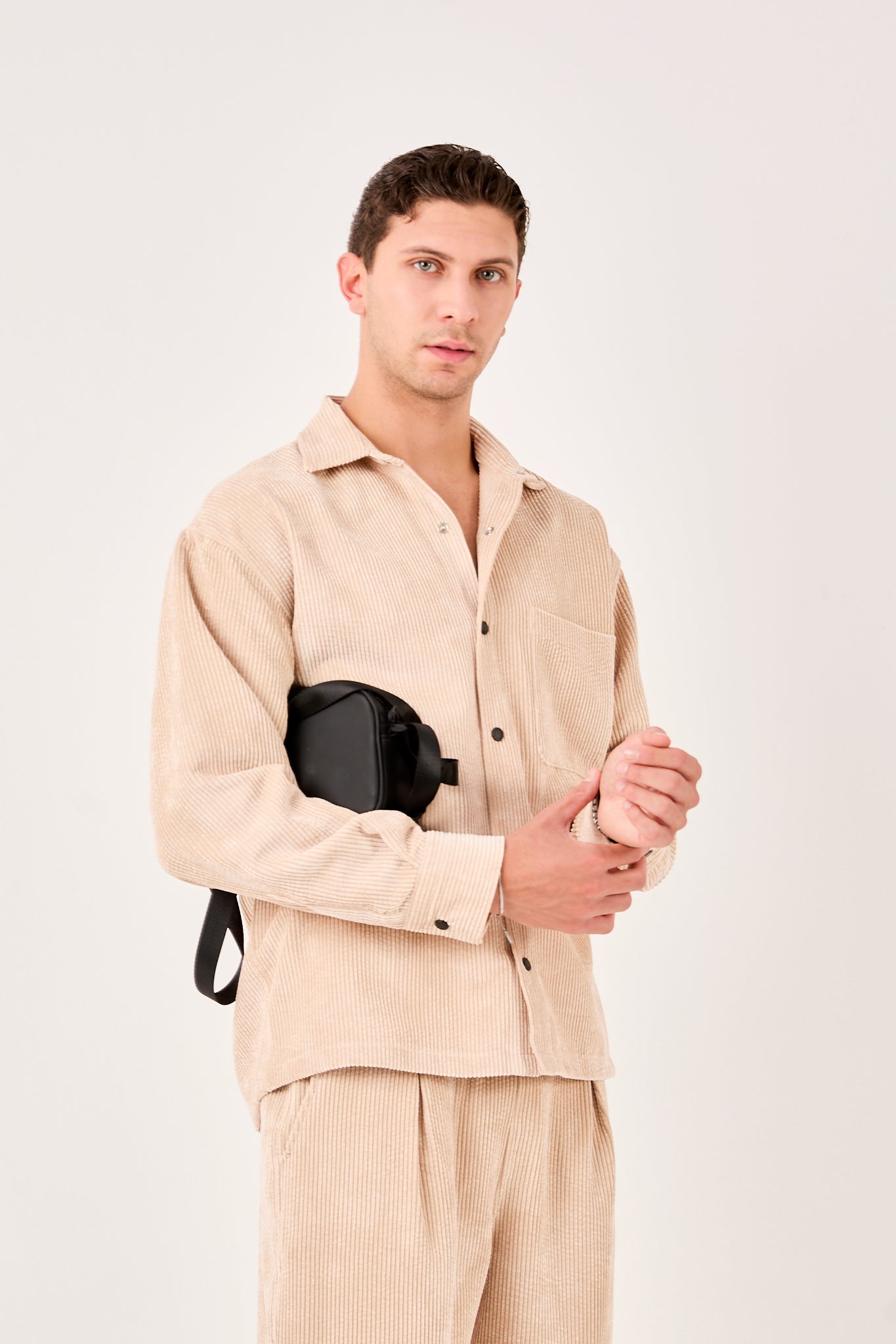 X-0002 Men’s Beige Cord Velvet Shirt – Relaxed Fit, Button-Up, Single Chest Pocket