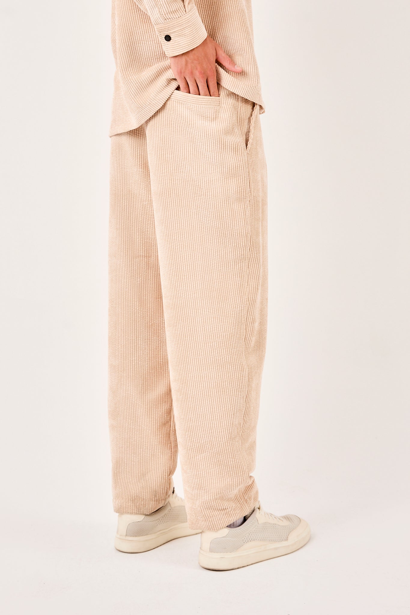 X-1004 Mens Corduroy Lounge Pants Cream Relaxed Fit Drawstring Waist Side Pockets