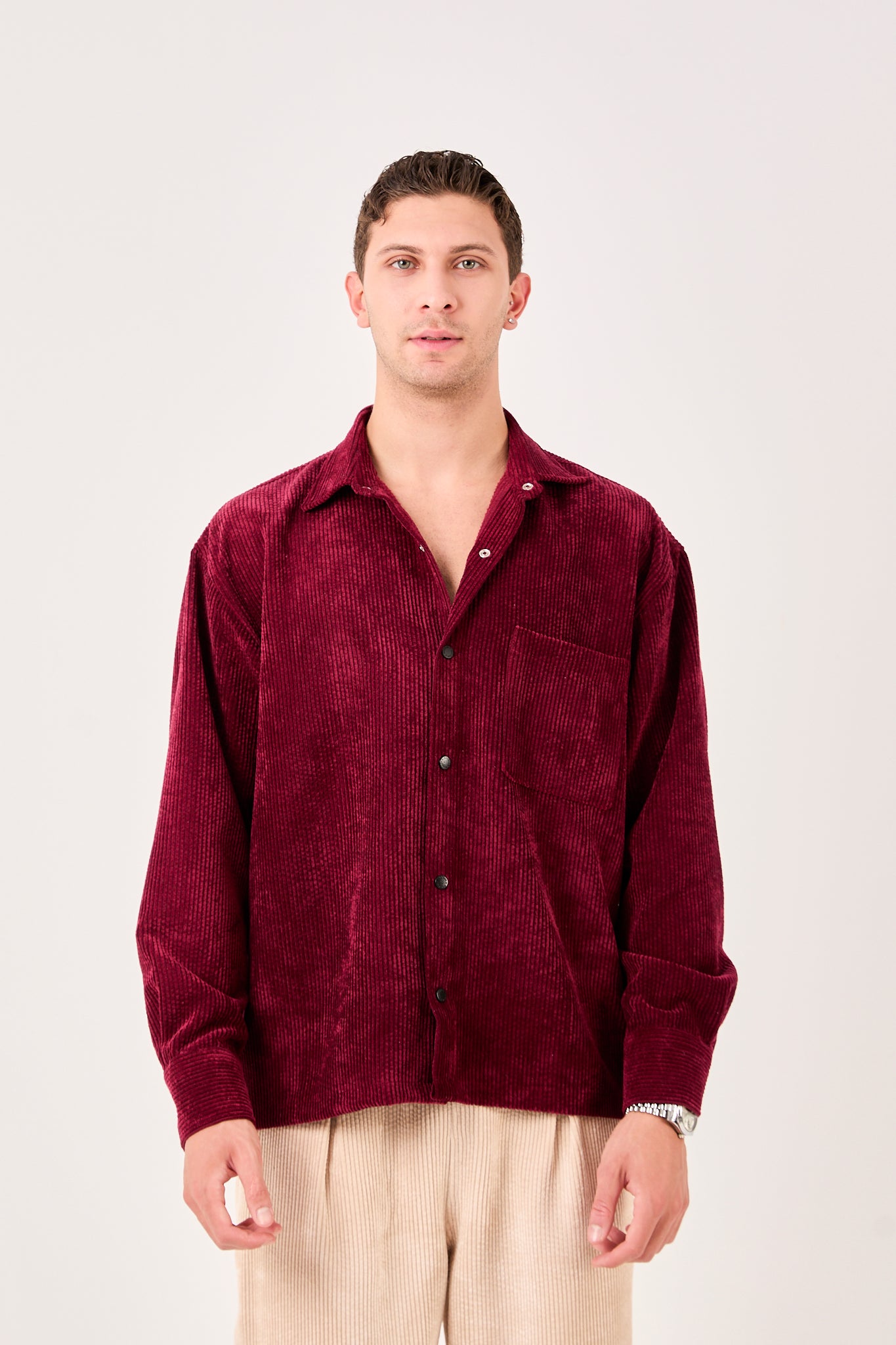X-002 Men’s Corduroy Shirt – Burgundy, Soft Ribbed Texture, Relaxed Fit
