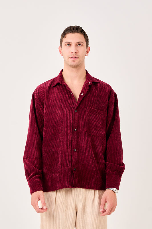 X-002 Men’s Corduroy Shirt – Burgundy, Soft Ribbed Texture, Relaxed Fit
