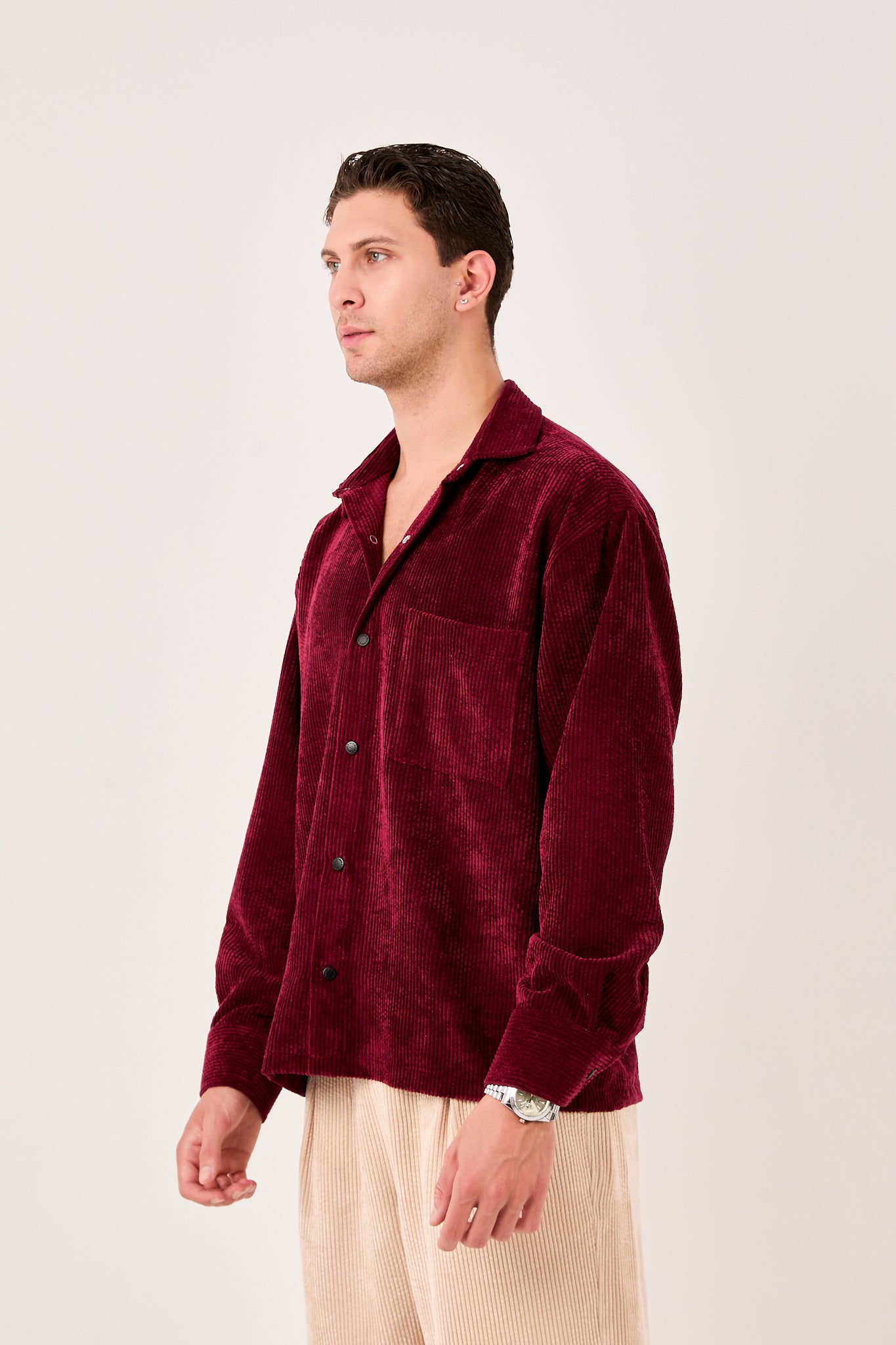 X-002 Men’s Corduroy Shirt – Burgundy, Soft Ribbed Texture, Relaxed Fit