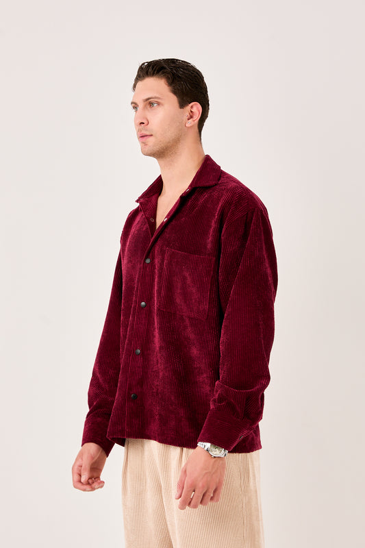 X-002 Men’s Corduroy Shirt – Burgundy, Soft Ribbed Texture, Relaxed Fit
