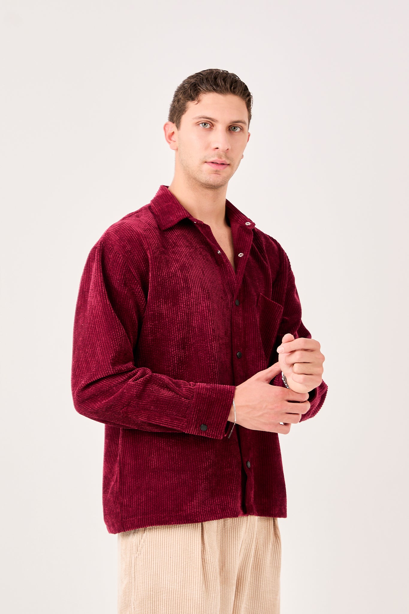 X-002 Men’s Corduroy Shirt – Burgundy, Soft Ribbed Texture, Relaxed Fit