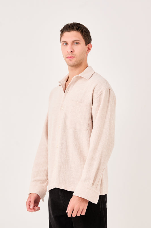 X-001 Men’s Beige Herringbone Weave Shirt – Regular Fit