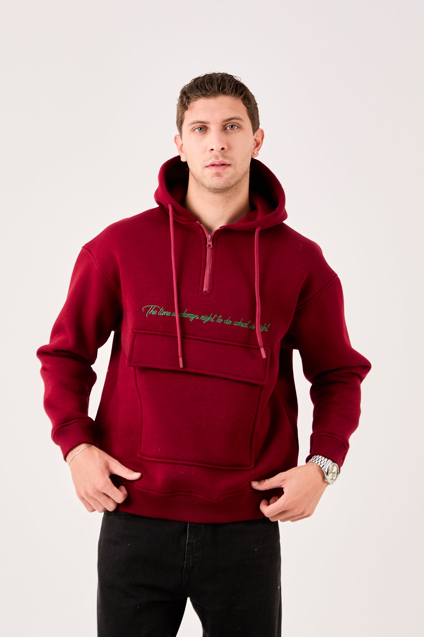 X-4005 Men’s Hoodie in BURGUNDY – Oversized Fit, Fleece Inside, Half-Zip, Kangaroo Pocket