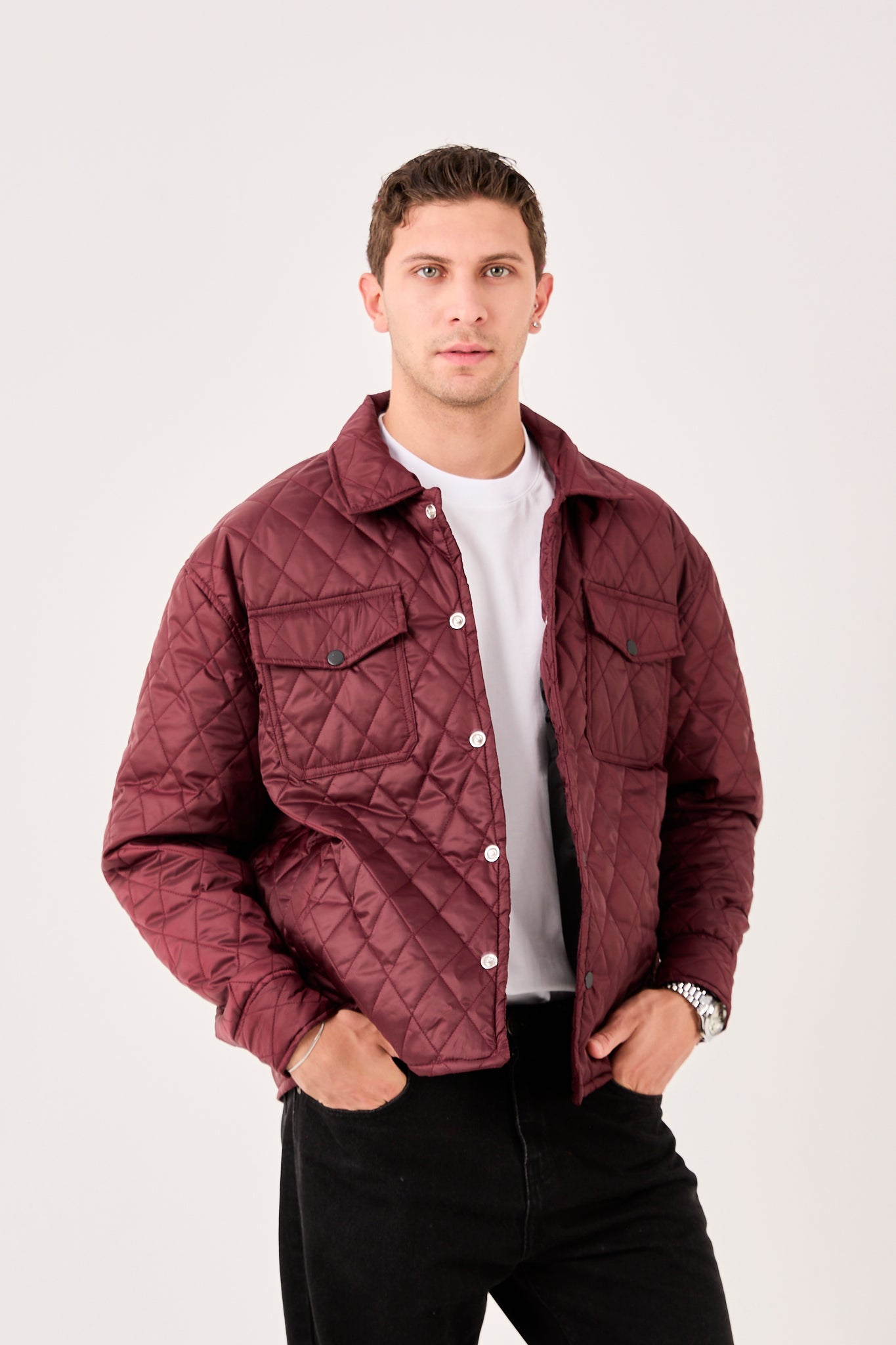 X-2019 Mens Lightweight Quilted Jacket Snap Button Burgundy Chest Pockets